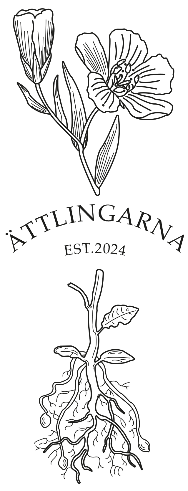 Föreningen Ättlingarnas logotyp: en blomma ovanför texten Ättlingarna est. 2024 och en växt med synliga rötter